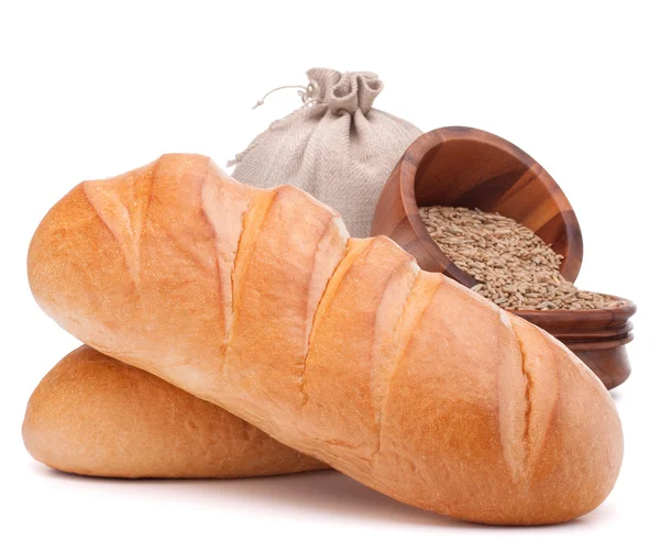 Pão, saco de farinha e grão — Fotografia de Stock