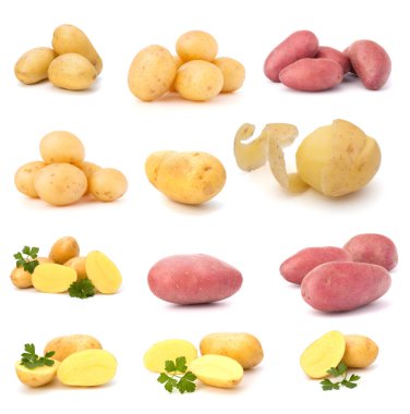 Beyaz arka planda izole edilmiş patates. Patatesin farklı kompozisyonu..