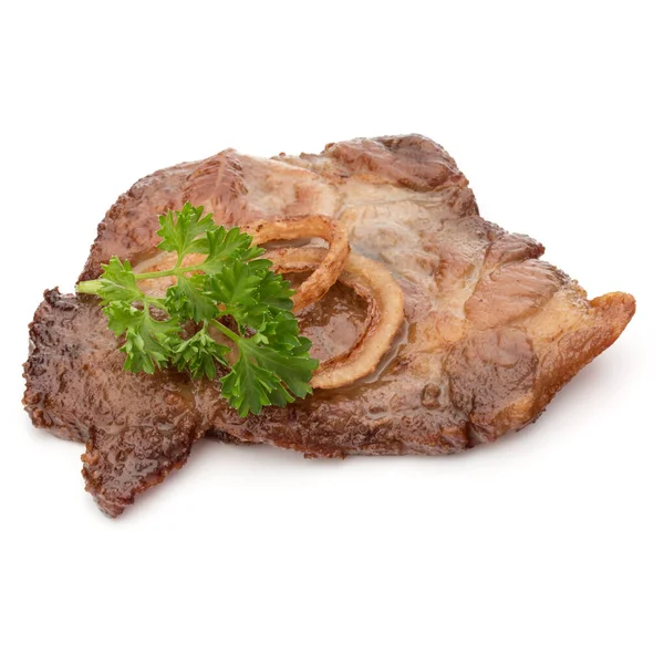 Gekochtes Gebratenes Schweinefleisch Mit Petersilie Kräuterblättern Und Zwiebelscheiben Garnieren Isoliert — Stockfoto