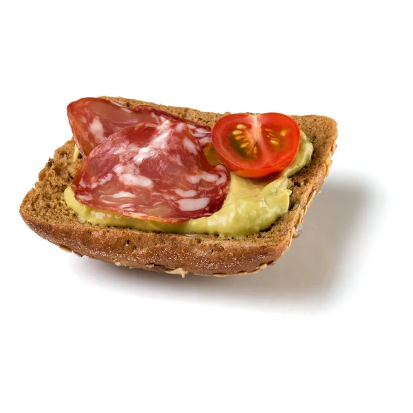 Kanape Med Salami Öppna Inför Smörgås Crostini Isolerad Vit Bakgrund — Stockfoto