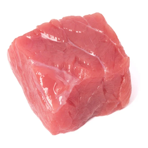 Νωπό Βόειο Κρέας Τεμαχισμένο Κρέας Κύβος Απομονωμένη Λευκό Φόντο Κομμένες — Φωτογραφία Αρχείου