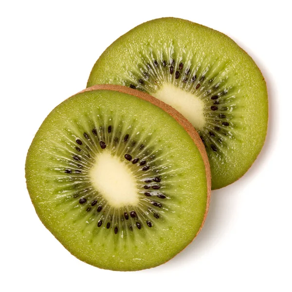 Zwei Kiwi Fruchtscheiben Isoliert Auf Weißem Hintergrund Nahaufnahme Kiwifruchtscheiben Flach — Stockfoto