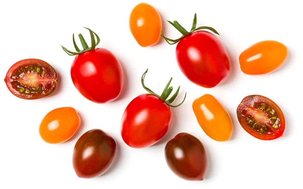 Varios Tomates Colores Aislados Sobre Fondo Blanco Vista Superior Cama — Foto de Stock