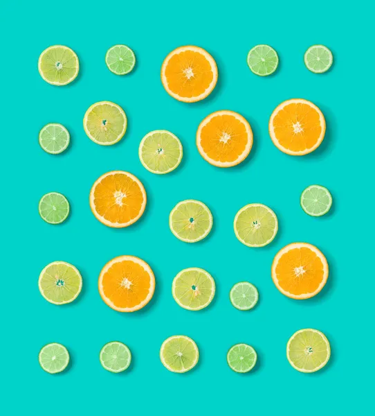 Citrus Fruit Pattern Blue Background Orange Lime Lemon Slices Background — Stock Photo, Image