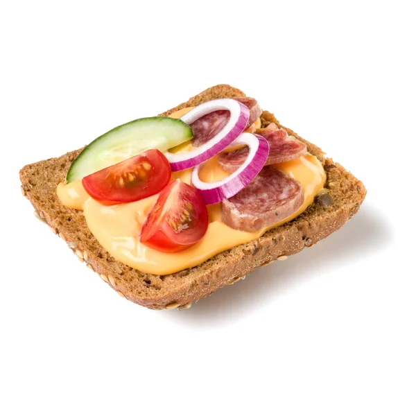Canapé Con Salami Crostini Sandwich Cara Abierta Aislado Sobre Fondo —  Fotos de Stock