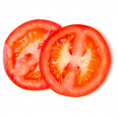 Plátky rajčete izolované na bílém pozadí. Pohled shora, plochá.