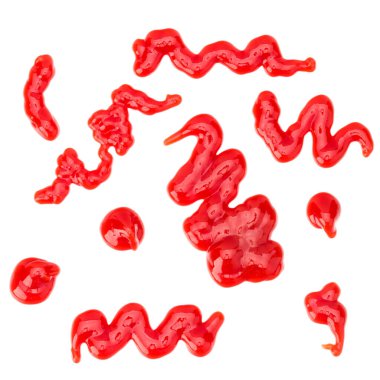 Domates sosu, beyaz arka plan üzerinde izole ketçap. Üstten görünüm.