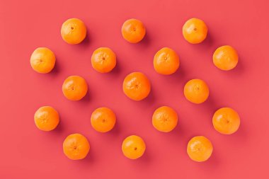 Canlı mercan arka plan taze portakal mandalina veya mandalina meyve desen. Düz yatıyordu, üstten bak. Pop art tasarımı, yaratıcı yaz konsepti. Minimal tarzda narenciye.