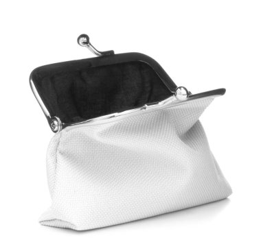 beyaz arka plan üzerinde izole beyaz nakit cüzdan. Şarj çantası. Boş bozuk para cüzdanını aç.