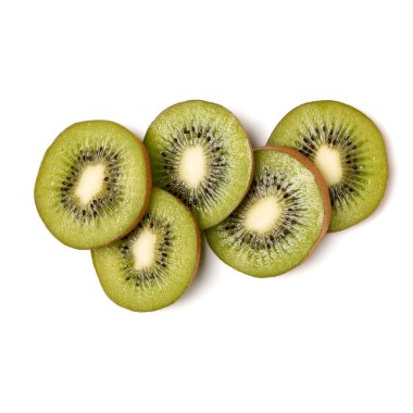 kivi meyve dilimleri beyaz arka plan closeup izole. Kivi dilimleri flatlay. Düz döşeme, üst görünüm.