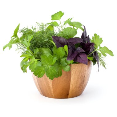 Taze baharat ve otlar üzerinde beyaz arka plan kesme izole hasır sepet içinde. Reyhan, kırmızı fesleğen yaprağı, dereotu ve maydanoz.