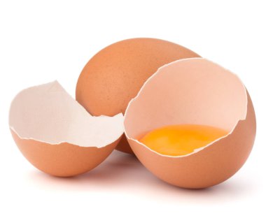 Yumurta yumurta kabuğu yarısında kırık ve çiğ yumurta beyaz arka plan kesme izole