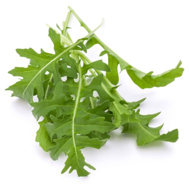 Taze rucola yaprakları yeşil beyaz arka plan üzerinde izole stüdyo çekim kapatın. Roket salata veya roka.