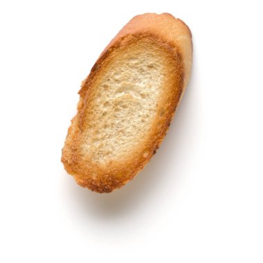 Beyaz arka plan üzerinde izole tost baget dilim kapatın. Tost, kızarmış ekmek parçaları. Üstten görünüm.