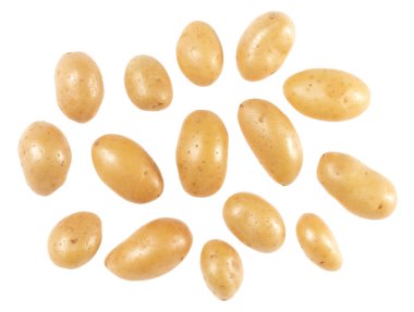 Patates beyaz arka plan üzerinde izole. Üst te. Düz döşeme deseni. Havada patates, gölge olmadan.