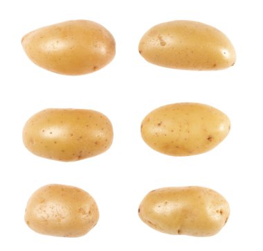 Patates beyaz arka plan üzerinde izole ayarlayın. Üst te. Düz döşeme deseni. Havada patates, gölge olmadan.