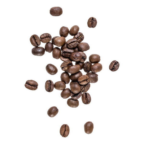 Coffee beans isolated over white background. Top view. Flat lay. Coffee beans flow in air, without shadow.