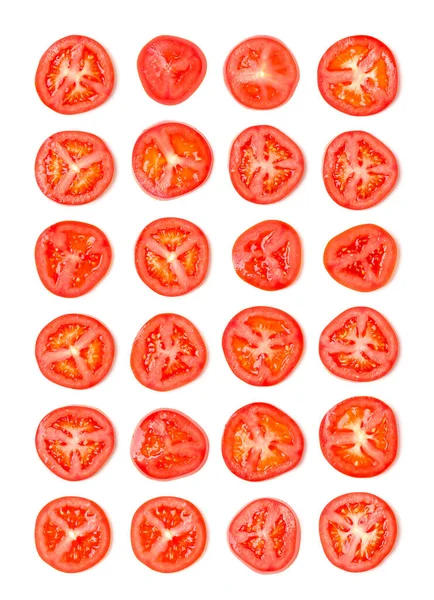 Δημιουργική Διάταξη Από Φέτες Ντομάτας Επίπεδη Θέα Έννοια Φαγητού Λαχανικά — Φωτογραφία Αρχείου