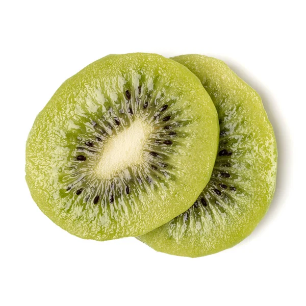 Dwa Obrane Plasterki Owoców Kiwi Izolowane Białym Tle Zbliżenie Kiwi — Zdjęcie stockowe