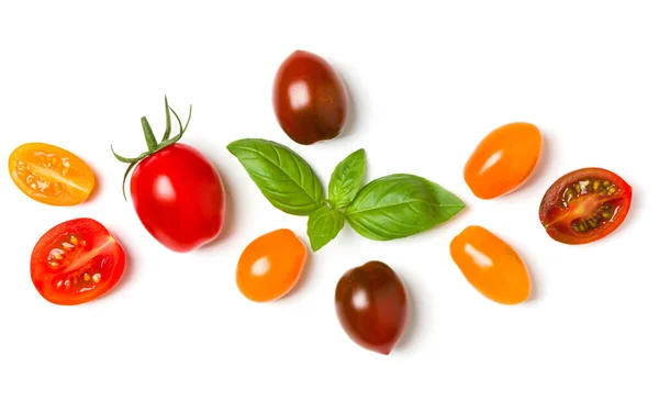 Various Colorful Tomatoes Basil Leaves Isolated White Background Top View — Stock Photo, Image