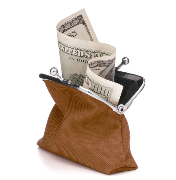 Brown Cash Wallet Isolated White Background Charge Purse Hundred Dollar — Stock Photo, Image