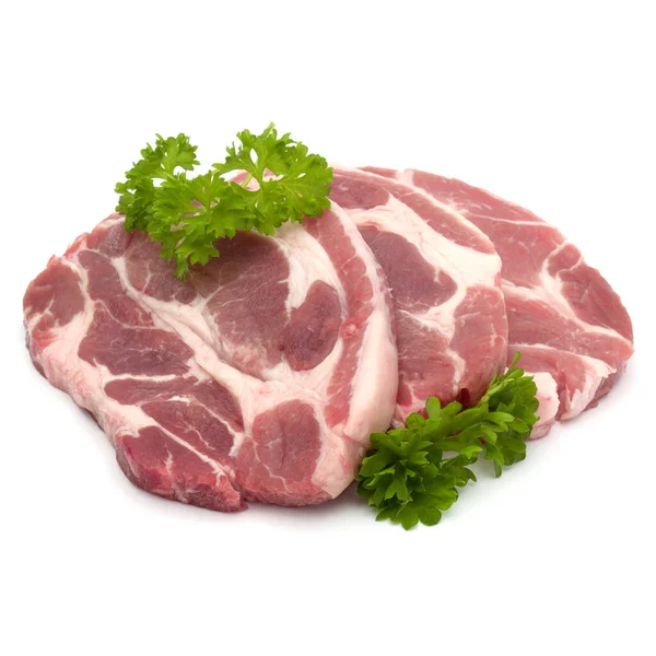Carne Crua Costeleta Pescoço Porco Com Folhas Salsa Guarnição Isolada — Fotografia de Stock