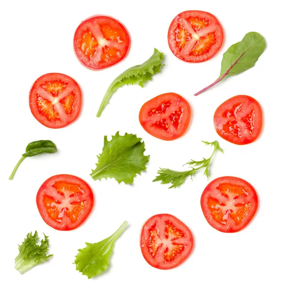 Creative Layout Made Tomato Slices Lettuce Salad Leaves Flat Lay — Stock Photo, Image