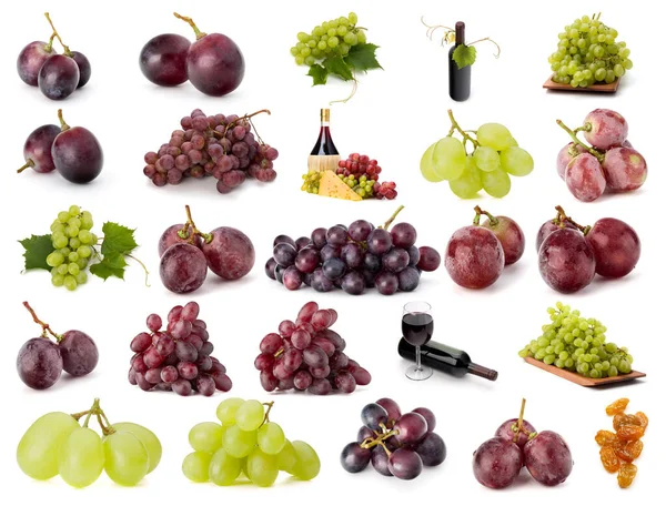 白の背景カットアウトに隔離されたブドウ果実コレクション 異なるブドウの枝 ワインボトルとレーズンのセット — ストック写真