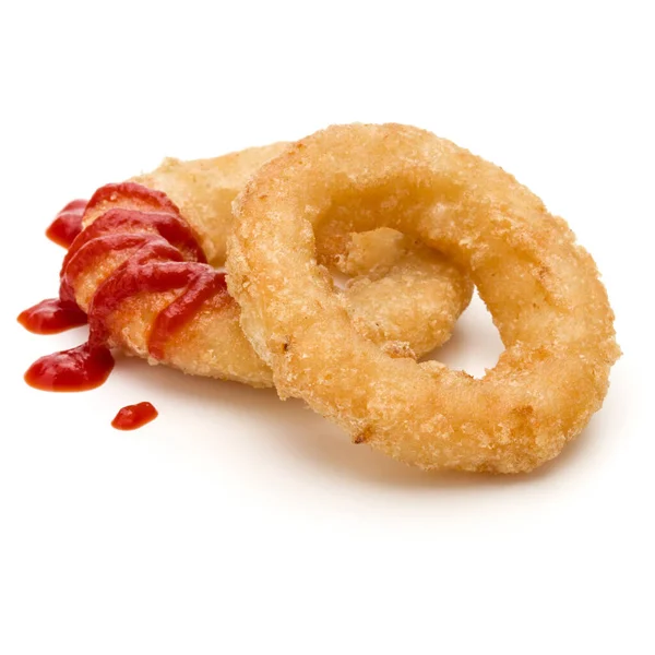 Křupavou Smaženou Cibulkou Nebo Ring Kalamáry Kečupem Izolovaných Bílém Pozadí — Stock fotografie