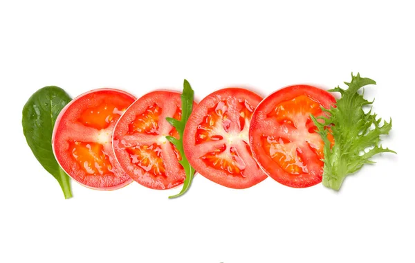 Creatieve Lay Out Gemaakt Van Tomatenschijfjes Sla Salade Bladeren Vlakke — Stockfoto