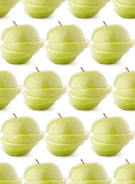 Zielone Plasterki Jabłka Izolowane Białym Tle Wycinanki Płynny Wzorzec Żywienia — Zdjęcie stockowe