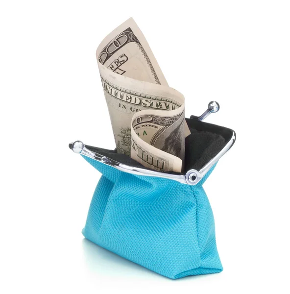Blaue Geldbörse Isoliert Auf Weißem Hintergrund Geldbörse Mit Hundert Dollar — Stockfoto