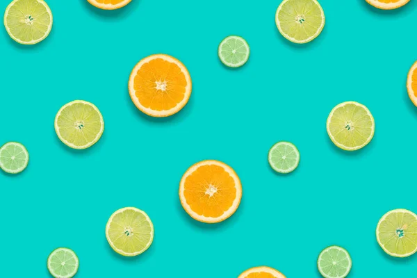 Citrus Fruit Pattern Blue Background Orange Lime Lemon Slices Background — Stock Photo, Image