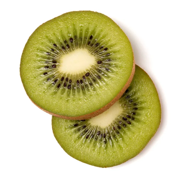 Twee Kiwi Fruit Plakjes Geïsoleerd Witte Achtergrond Close Kiwifruit Plakjes — Stockfoto