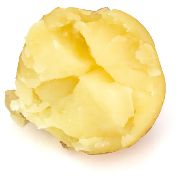Ένα Βρασμένο Αποφλοιωμένες Πατάτες Μισό Απομονώνονται Λευκό Φόντο Cutout — Φωτογραφία Αρχείου