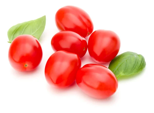 Tomate Prune Fraîche Avec Feuille Basilic Isolée Sur Fond Blanc — Photo