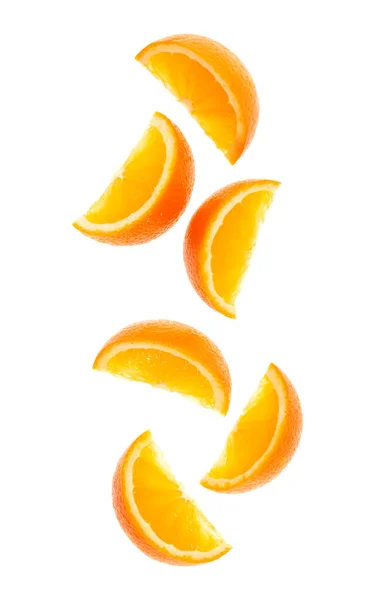 Falling Fresh Orange Fruit Slices Isolated White Background Closeup Flying — Stock Photo, Image