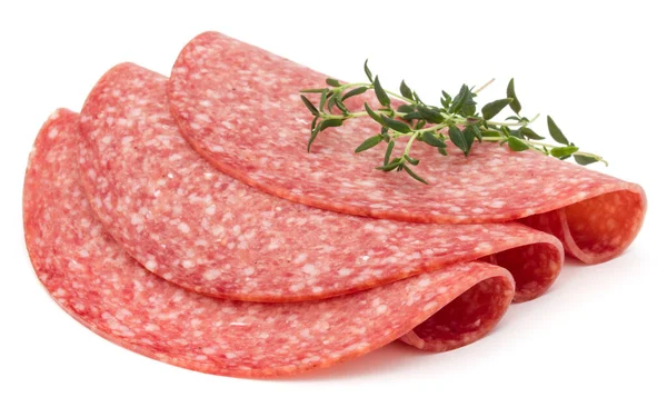 Salami Tranches Saucisse Fumée Isolé Sur Fond Blanc — Photo