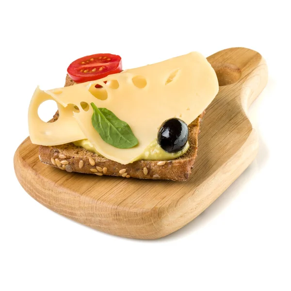 Open Faced Cheese Sandwich Canape Crostini Wooden Serving Board Isolated — Stock Photo, Image