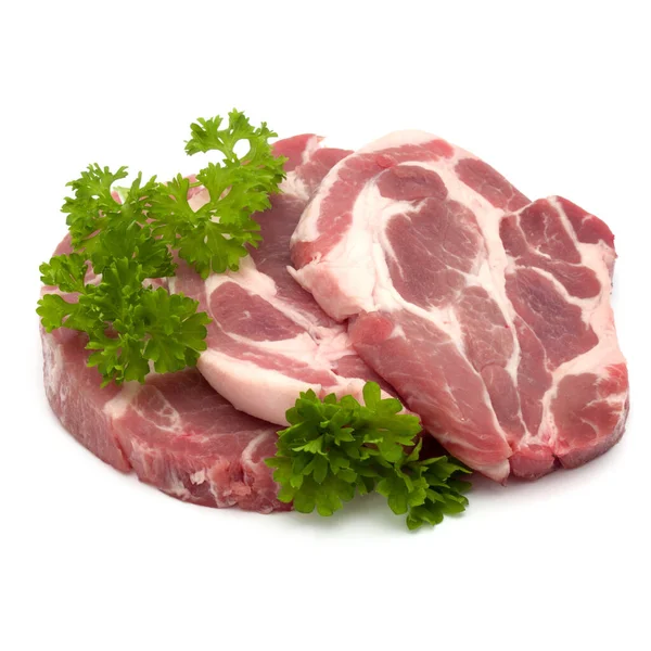 生猪肉脖子剁肉与欧芹草本叶装饰上白色背景抠出孤立 — 图库照片