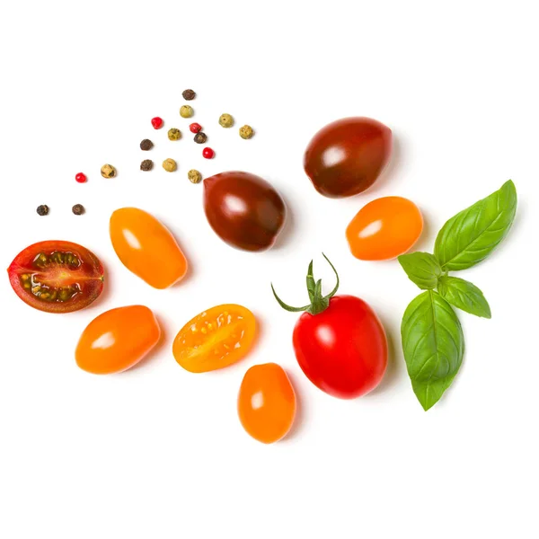 Various Colorful Tomatoes Basil Leaves Isolated White Background Top View — Stock Photo, Image