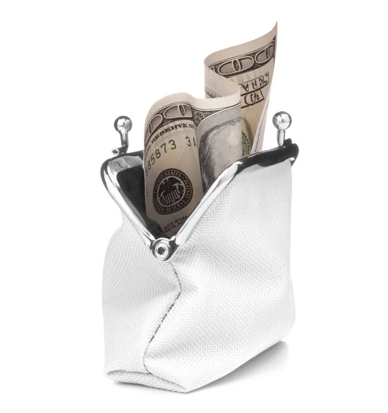 Billetera Blanca Aislada Sobre Fondo Blanco Cargador Con Billete Cien — Foto de Stock