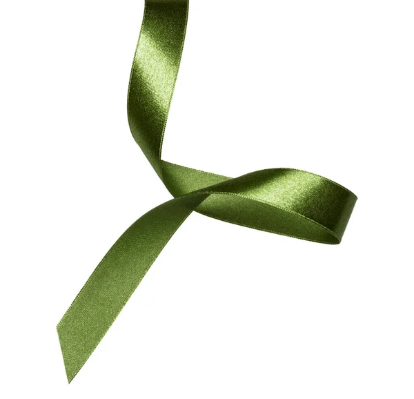Блестящая Атласная Лента Зеленого Цвета Белом Фоне Крупным Планом — стоковое фото