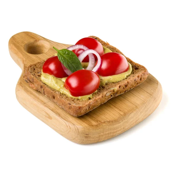 Aberto Enfrentou Sanduíche Vegetal Canapé Crostini Uma Tábua Serviço Madeira — Fotografia de Stock