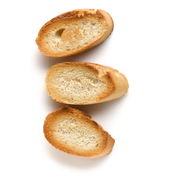 Geröstete Baguettescheiben Isoliert Auf Weißem Hintergrund Nahaufnahme Toast Crouton Ansicht — Stockfoto
