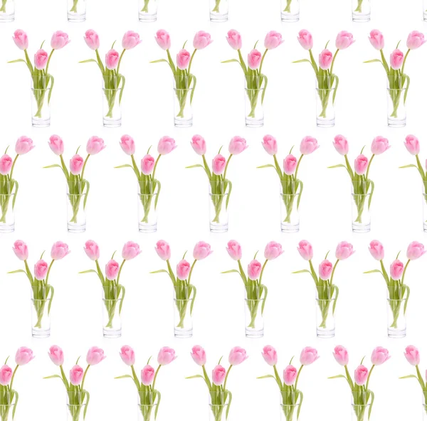 Rosa Tulpenstrauß Der Vase Isoliert Auf Weißem Hintergrund Nahtloses Muster — Stockfoto