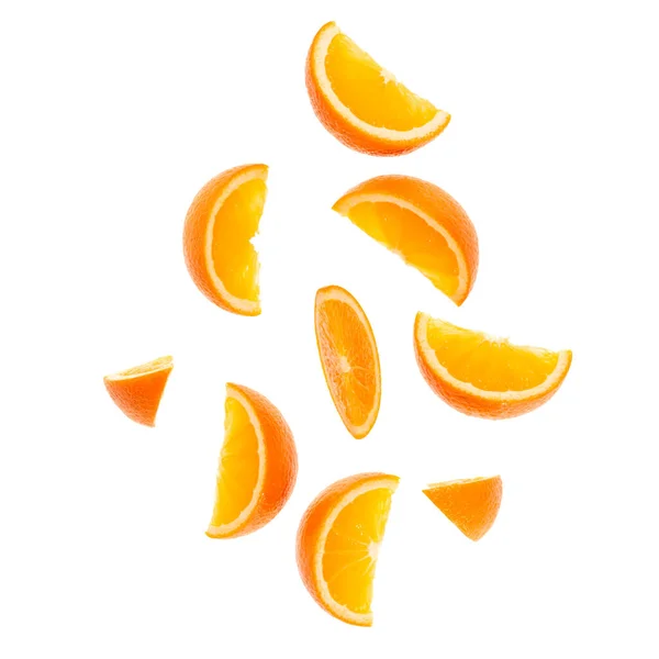 Falling Fresh Orange Fruit Slices Isolated White Background Closeup Flying — Stock Photo, Image