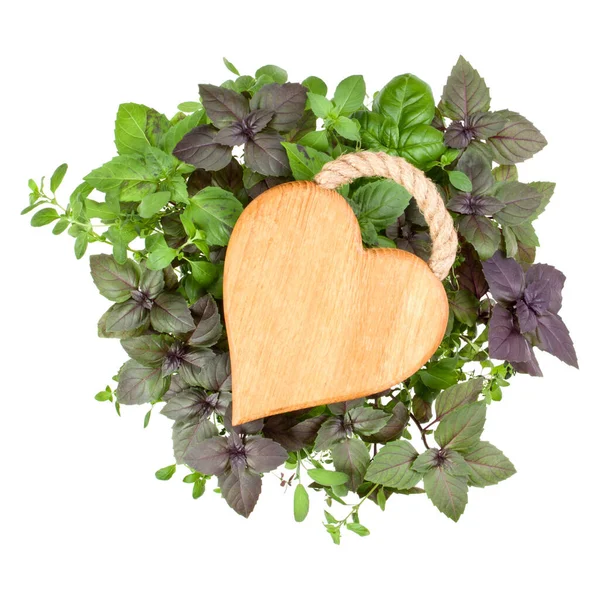 Cutting Wooden Board Shape Heart Various Sweet Basil Herb Leaves — Stock Photo, Image