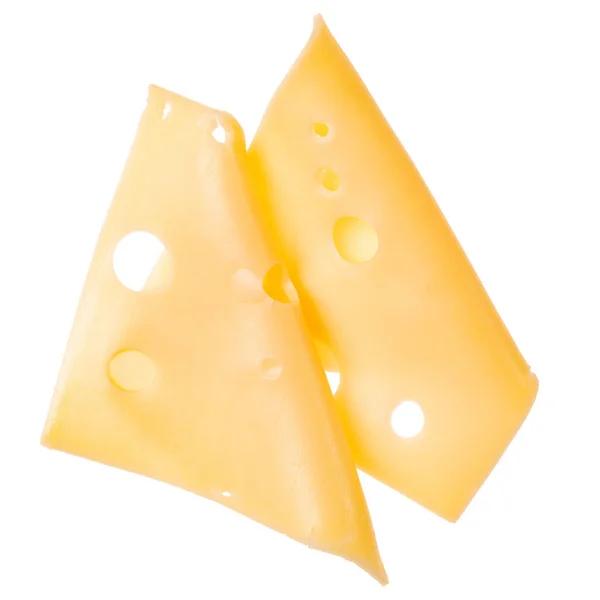 Zwei Käsescheiben Isoliert Auf Weißem Hintergrund Ansicht Von Oben Flach — Stockfoto