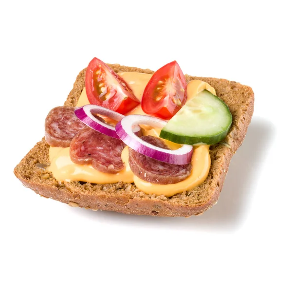 Canapé Con Salami Crostini Sandwich Cara Abierta Aislado Sobre Fondo —  Fotos de Stock
